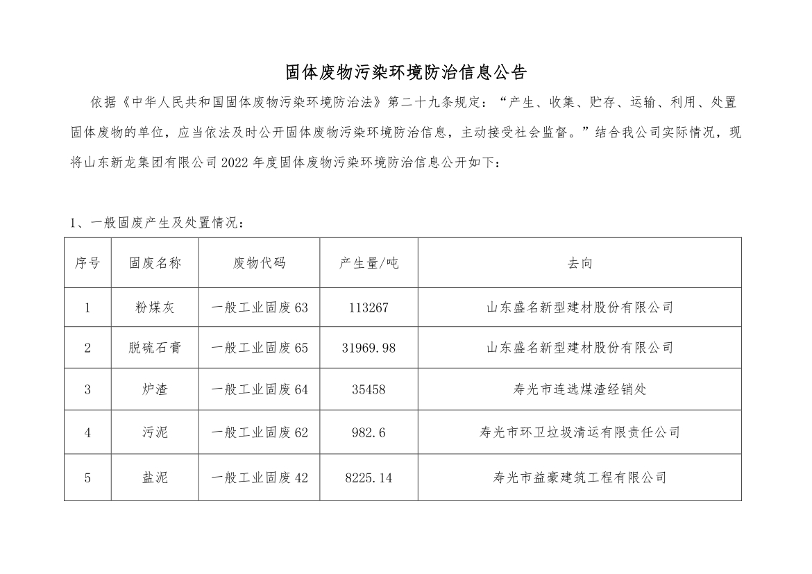 山东新龙集团有限公司2022年固体废物污染环境防治信息公告